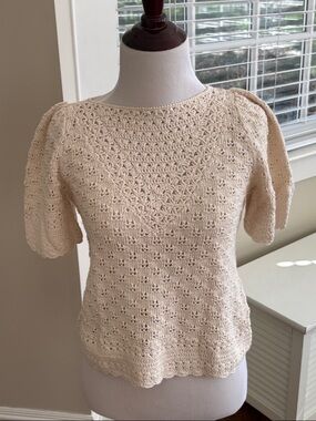 Sezane Cream Crochet Knit Scoop Neck Sweater